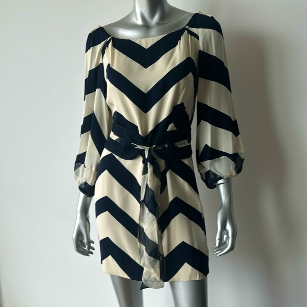 Dark navy and cream, open neck, three-quarter sleeve, silk dress with belt
